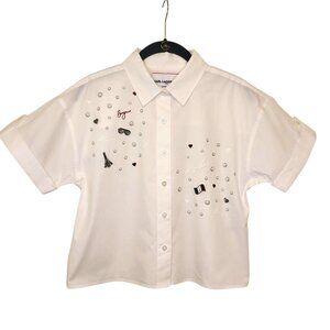 Women's Karl Lagerfeld Paris White Embroidered Cropped Button-Down Shirt Size XS